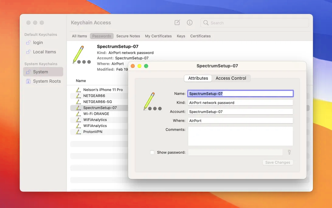 Find all your stored Wi-Fi passwords in the Keychain Access app on MacOS.