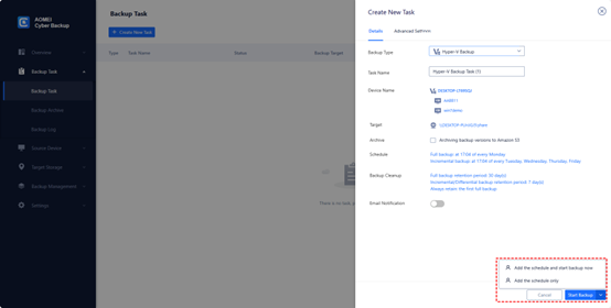 Click Start Backup to run the Hyper-V VM backup automatically